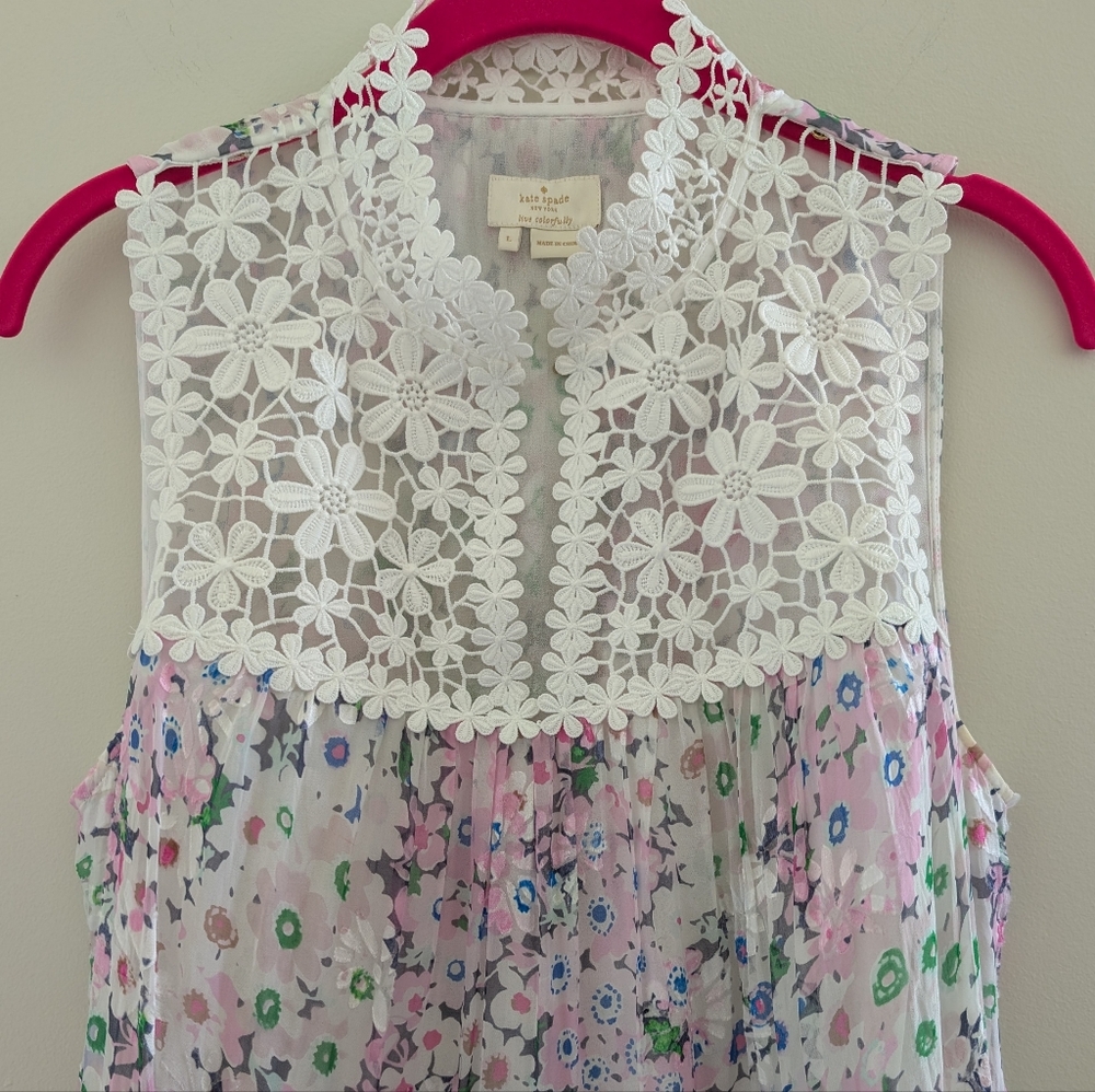 KATE SPADE Silk Lace Devore Blouse WOMEN'S L Pink Daisy Floral Romantic Ruffles - Picture 2 of 16